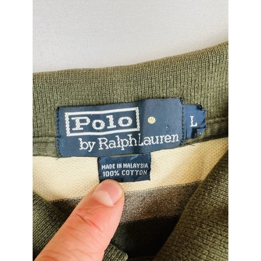 Vintage Polo Ralph Lauren Striped Rugby Polo Shirt Olive Cream Adult L Cotton